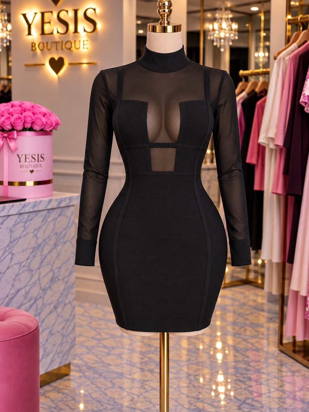 Fashion Nova Black Long-Sleeve Sheer-Inset Bodycon Dress